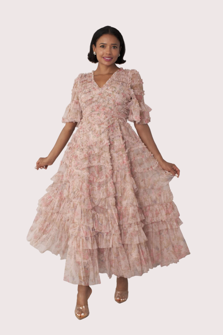Floral tiered ruffle midi dress back view, flowing layered silhouette shown, For Her NYC