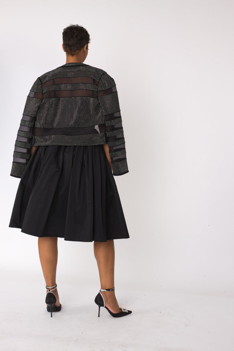 Black full circle taffeta skirt back view, full silhouette shown, For Her NYC