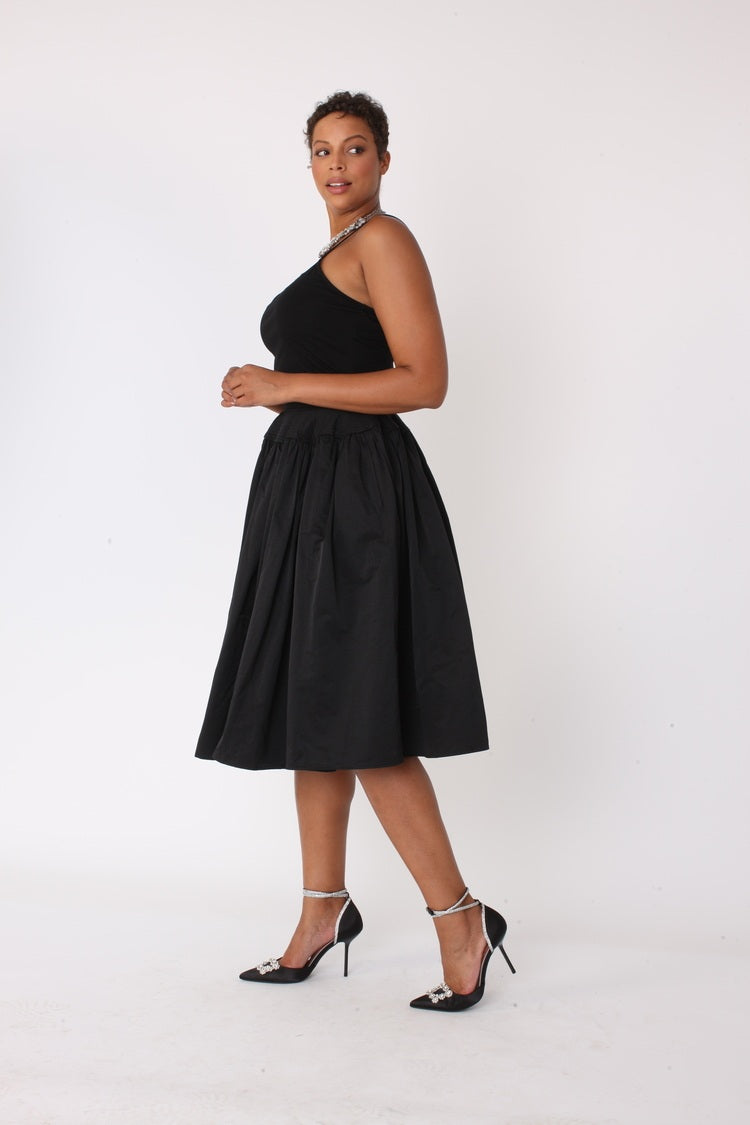 Black full circle taffeta skirt side profile, dramatic sweep emphasized, For Her NYC