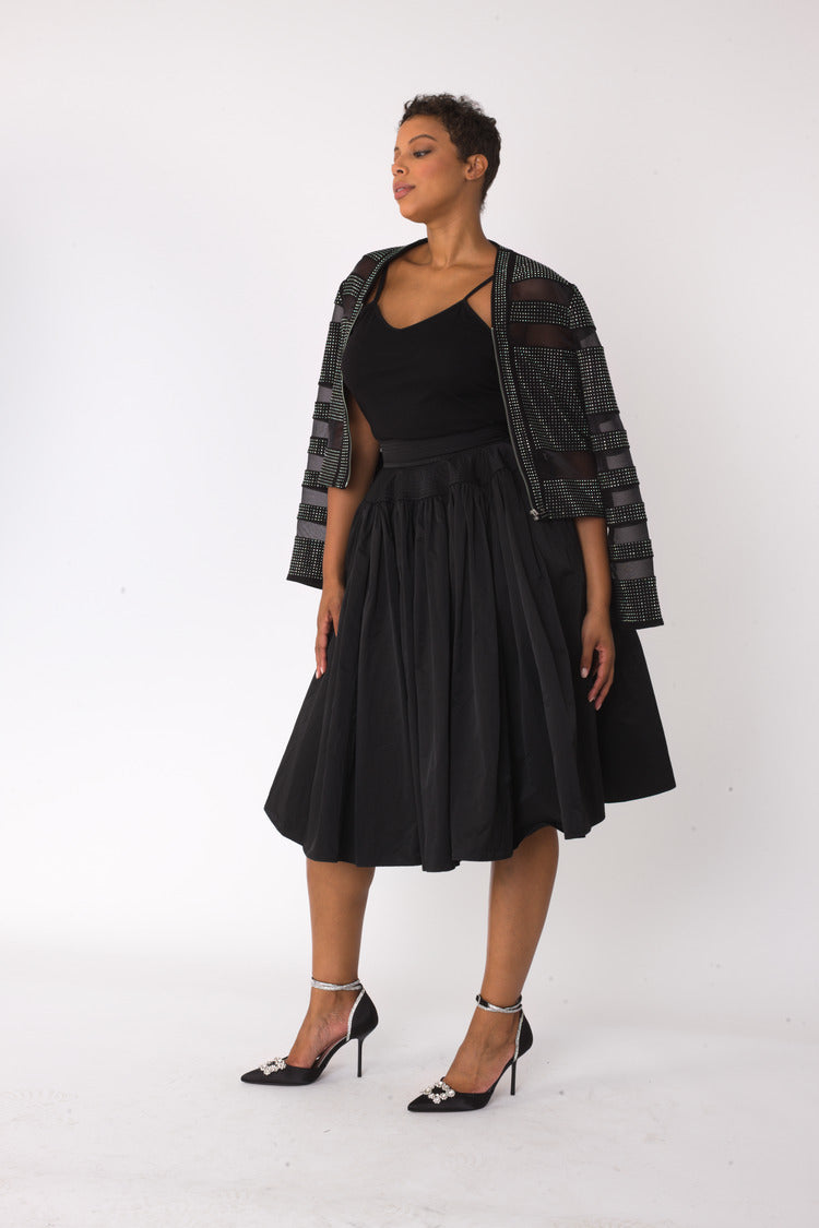 Black full circle taffeta skirt side profile, dramatic sweep emphasized, For Her NYC