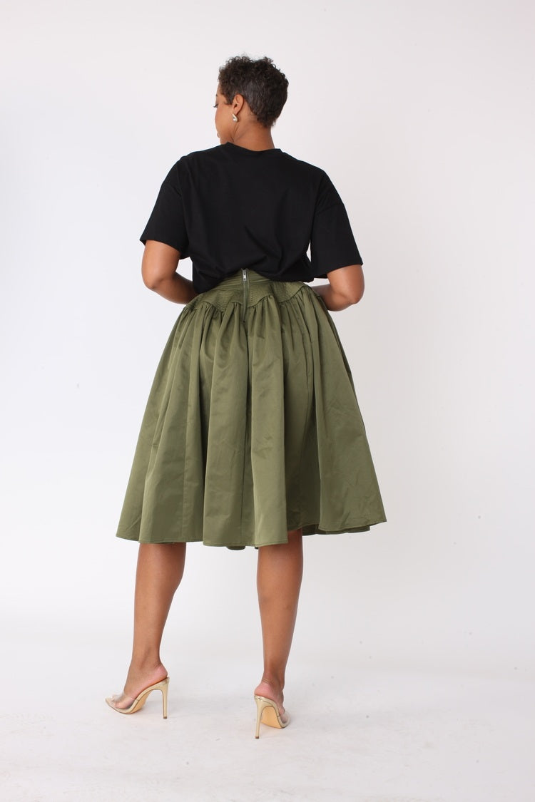 Olive full circle taffeta skirt back view, full circle silhouette, For Her NYC