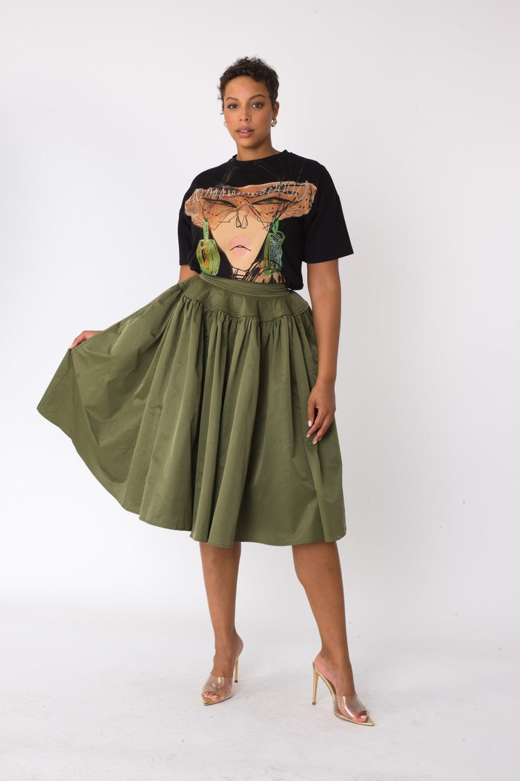Olive full circle taffeta skirt front view, model standing, For Her NYC