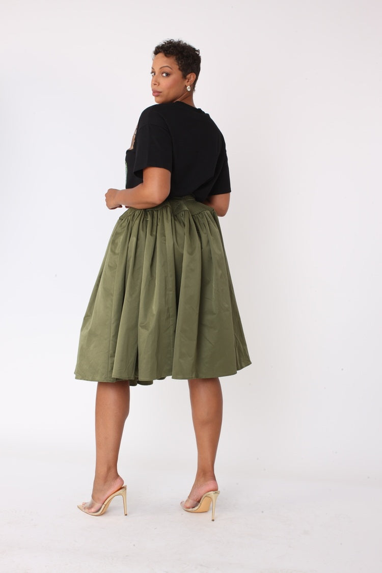 Olive full circle taffeta skirt side profile, high waistband and sweep visible, For Her NYC