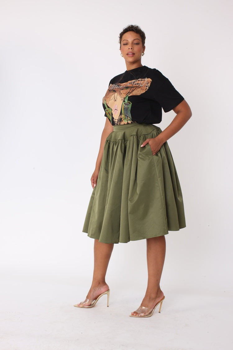 Olive full circle taffeta skirt side profile, high waistband and sweep visible, For Her NYC