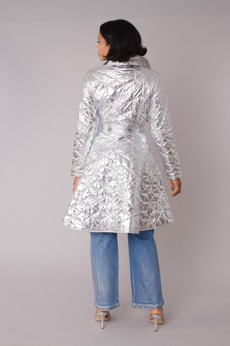 Silver metallic quilted wrap coat shown in back view displaying full length and structured quilting by For Her NYC