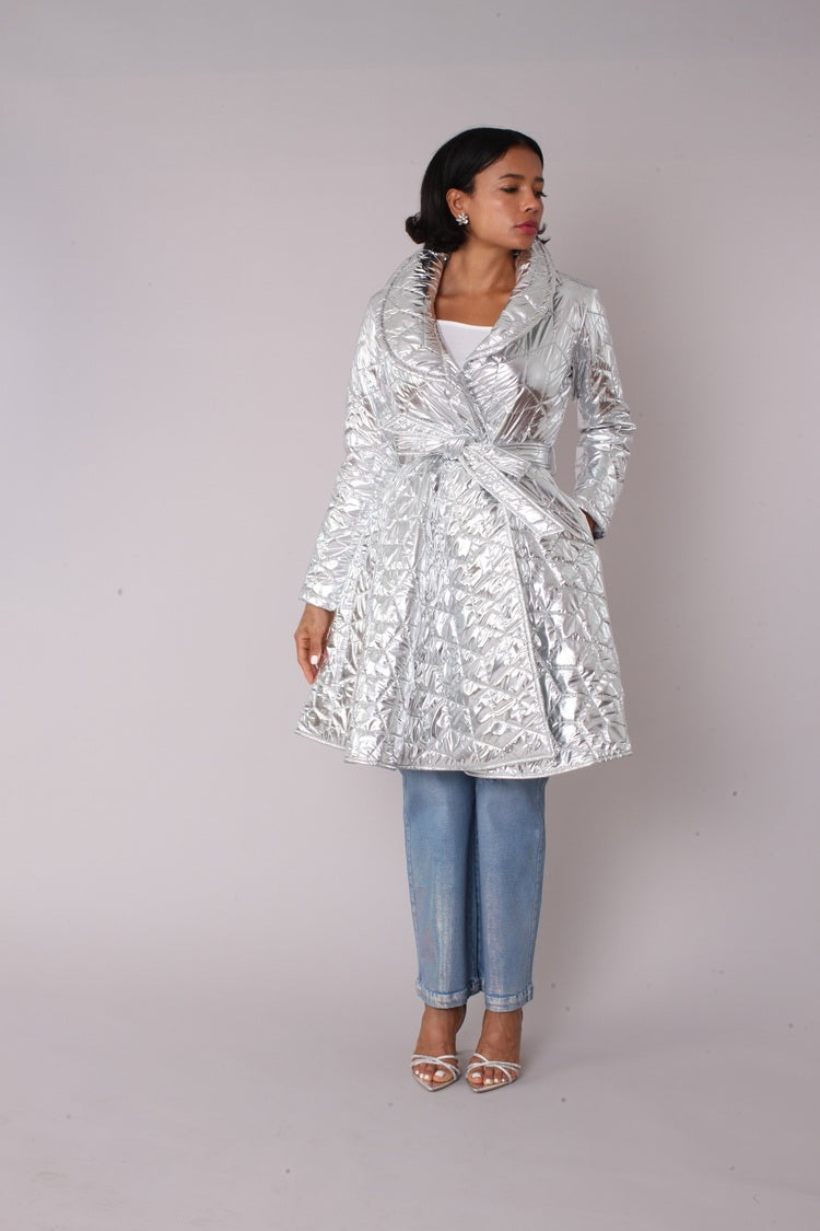 Silver metallic quilted wrap coat shown in front relaxed stance emphasizing quilted texture and sheen by For Her NYC