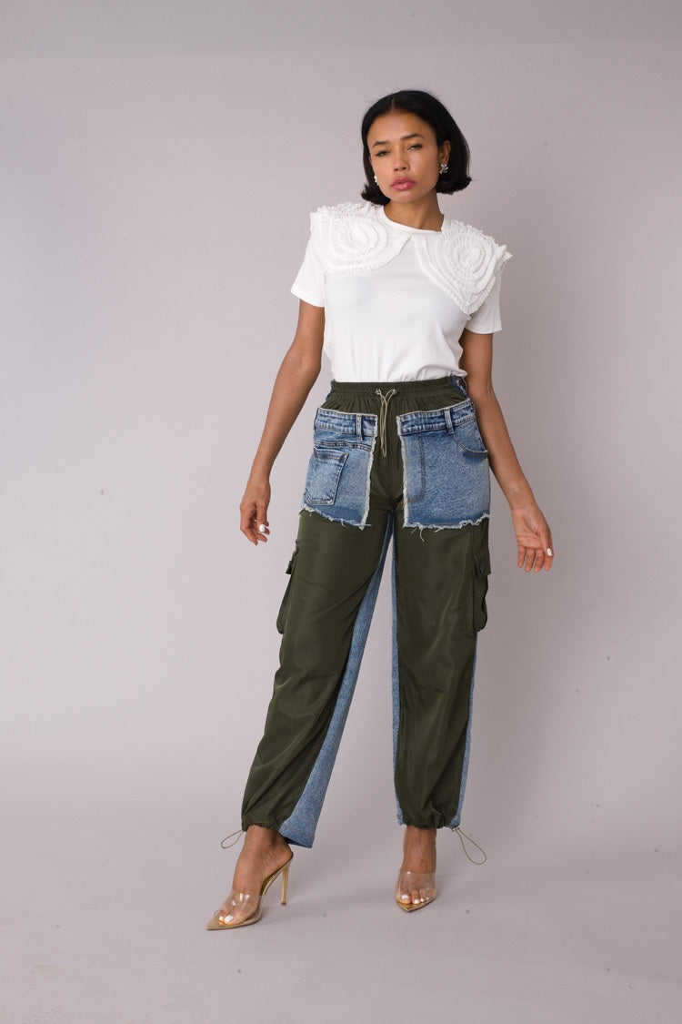 Olive denim hybrid cargo joggers shown in front walking pose highlighting tapered jogger fit by For Her NYC