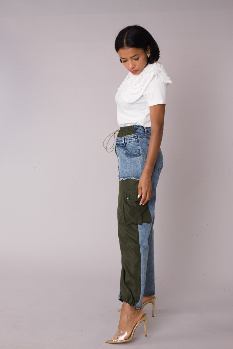 Olive denim hybrid cargo joggers shown in side profile highlighting contrast denim panels by For Her NYC