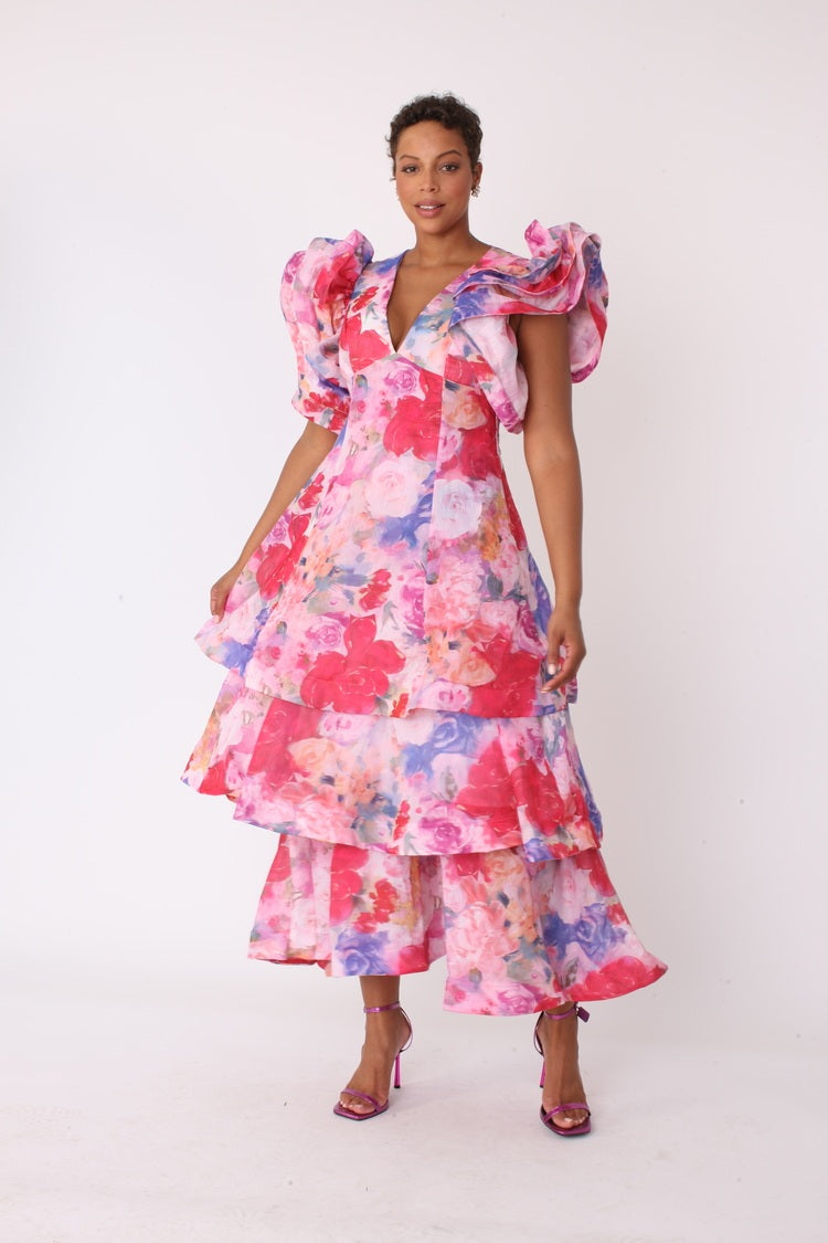 Watercolor floral tiered midi dress shown in front standing pose highlighting tiered skirt by For Her NYC