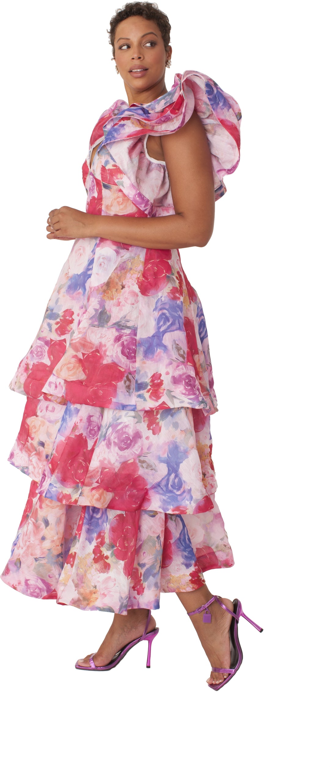 Watercolor Floral Tiered Midi Dress - 82663