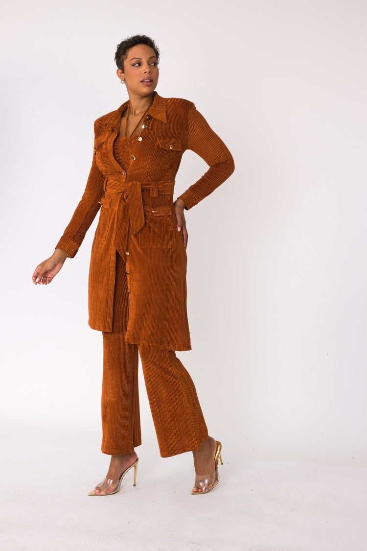Brown luxe corduroy three piece set shown in front relaxed stance by For Her NYC