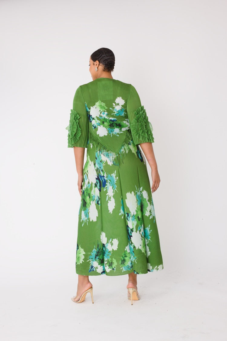 Floral print pleated midi dress in green multi shown from back view by For Her NYC