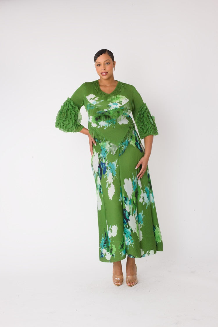 Floral print pleated midi dress in green multi shown in front standing pose by For Her NYC