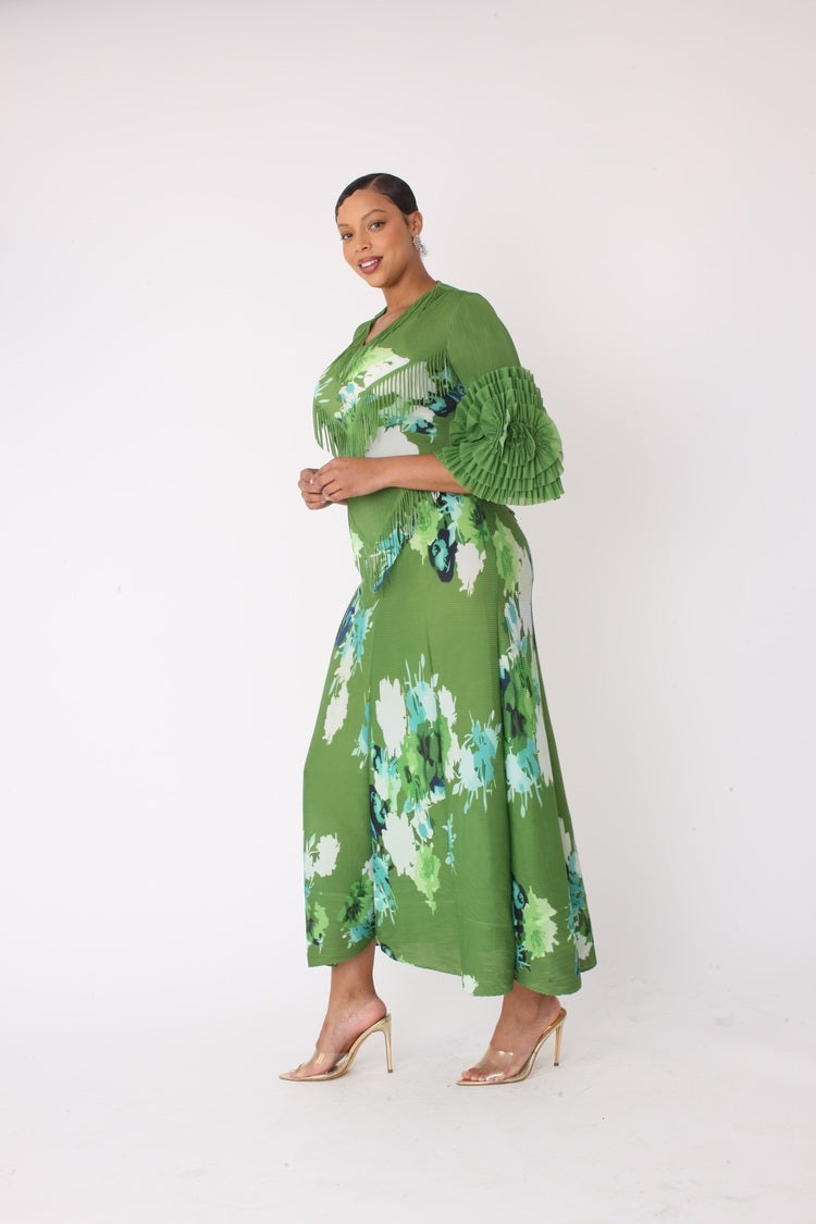 Floral print pleated midi dress in green multi shown from side view by For Her NYC