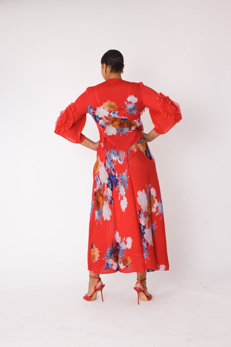 Floral print pleated midi dress in red multi shown from back view by For Her NYC