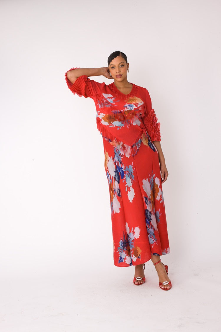 Floral print pleated midi dress in red multi shown in front standing pose by For Her NYC