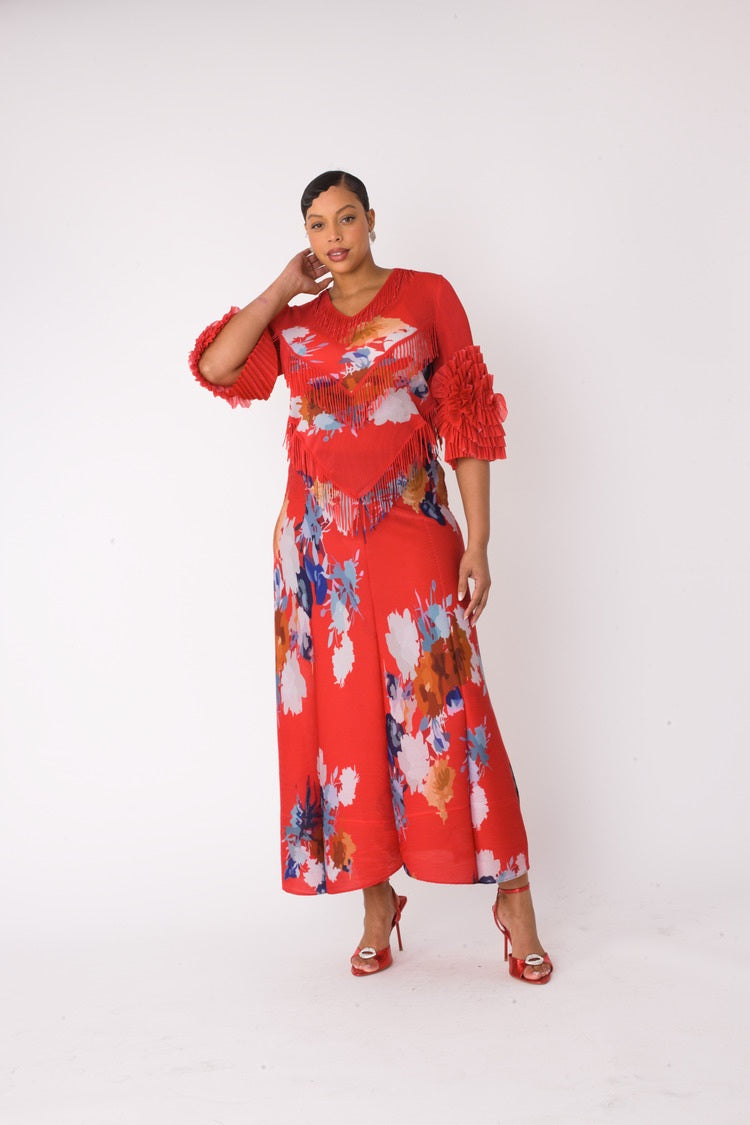 Floral print pleated midi dress in red multi shown in front standing pose by For Her NYC