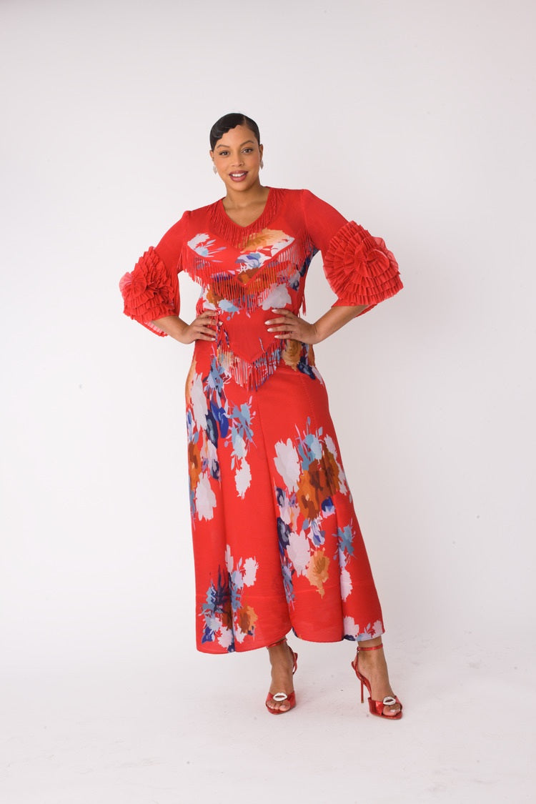 Floral print pleated midi dress in red multi with hands on hips front pose by For Her NYC