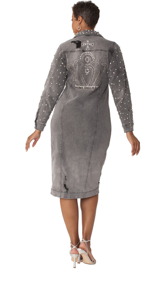 Pearl Embellished Grey Denim Midi Dress | Button Front - 82681