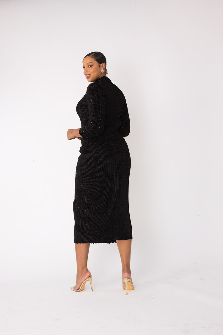 Black velvet midi skirt set showing back view with fitted silhouette and long sleeve mock neck top, For Her NYC