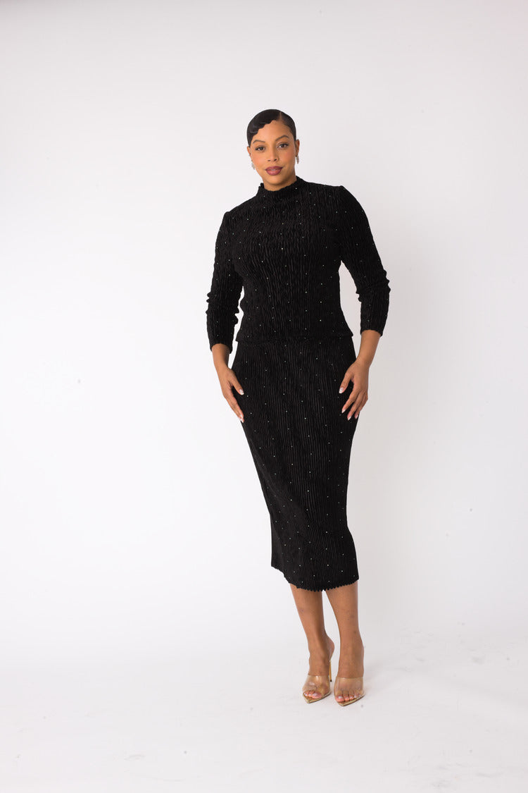 Black velvet midi skirt set with long sleeve mock neck top and sleek fitted skirt, alternate front pose, For Her NYC