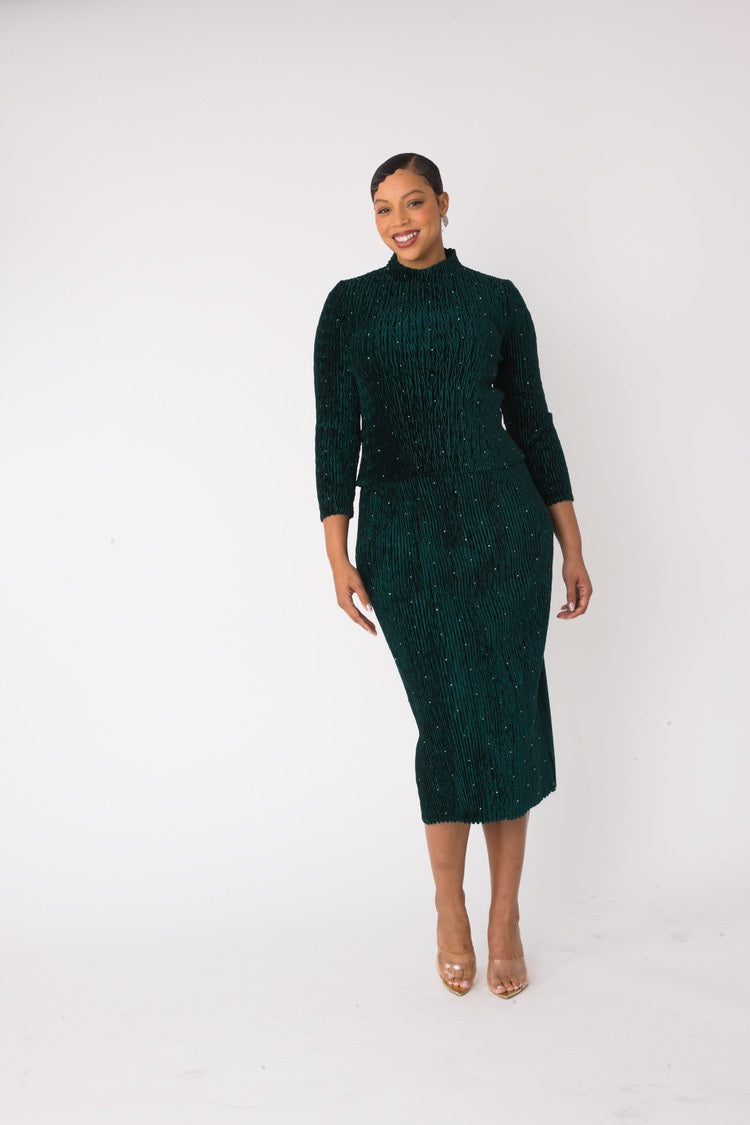 Emerald green velvet midi skirt set with sleek, form-fitting silhouette, alternate front pose, For Her NYC