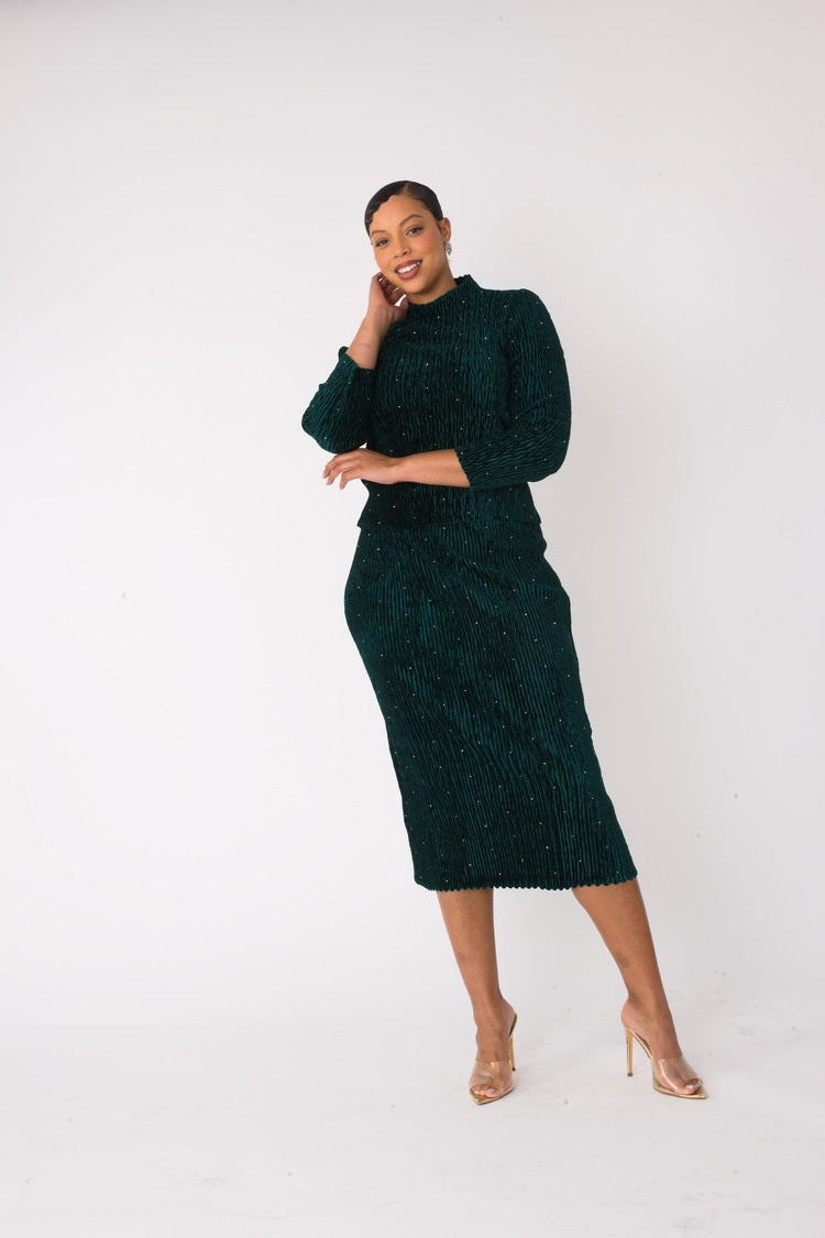 Emerald green velvet midi skirt set with sleek, form-fitting silhouette, alternate front pose, For Her NYC