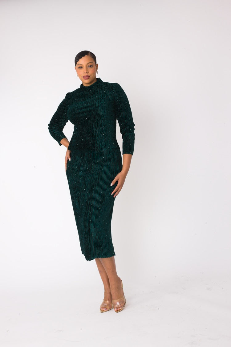 Emerald green velvet midi skirt set with long sleeve mock neck top and sleek fitted skirt, front view, For Her NYC