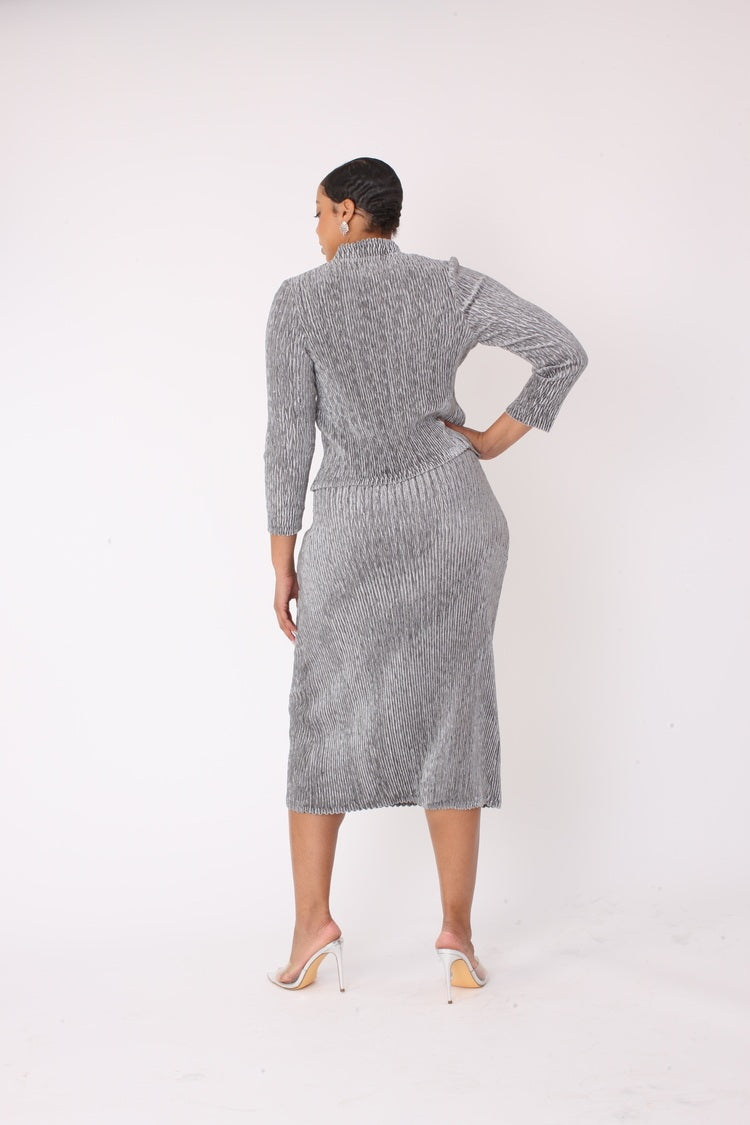 Grey velvet midi skirt set showing back view with fitted silhouette and long sleeve mock neck top, For Her NYC