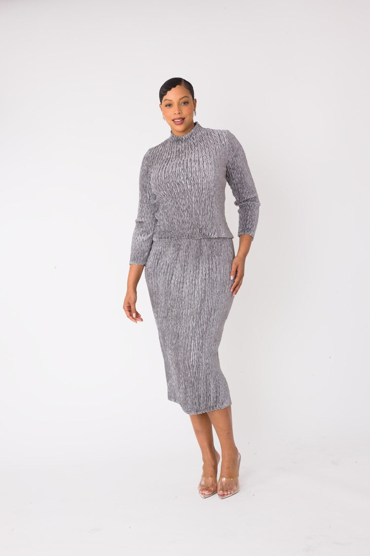 Grey velvet midi skirt set with long sleeve mock neck top and midi skirt, alternate front pose, For Her NYC