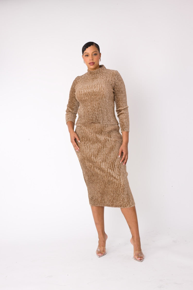 Khaki velvet midi skirt set featuring a fitted midi skirt and long sleeve mock neck top, front view, For Her NYC