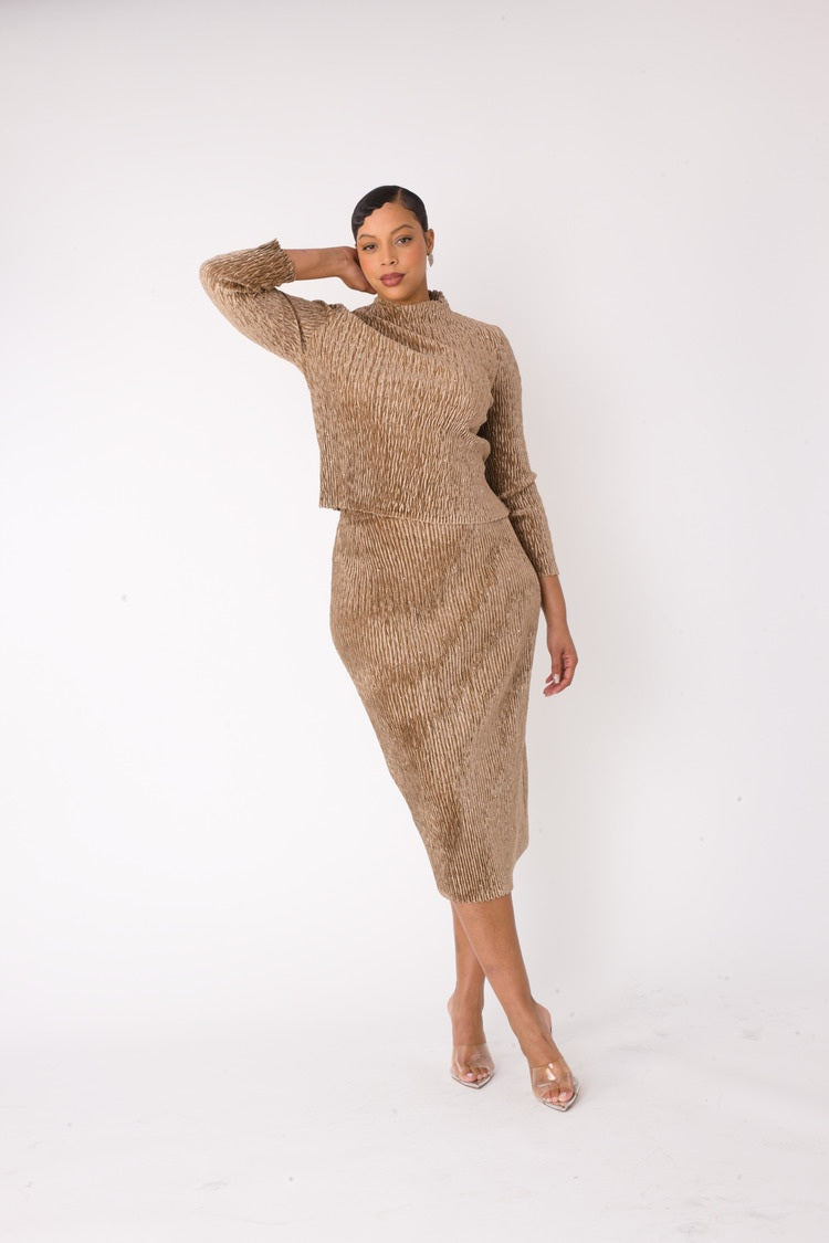 Khaki velvet midi skirt set with fitted silhouette and soft velvet texture, alternate front pose, For Her NYC