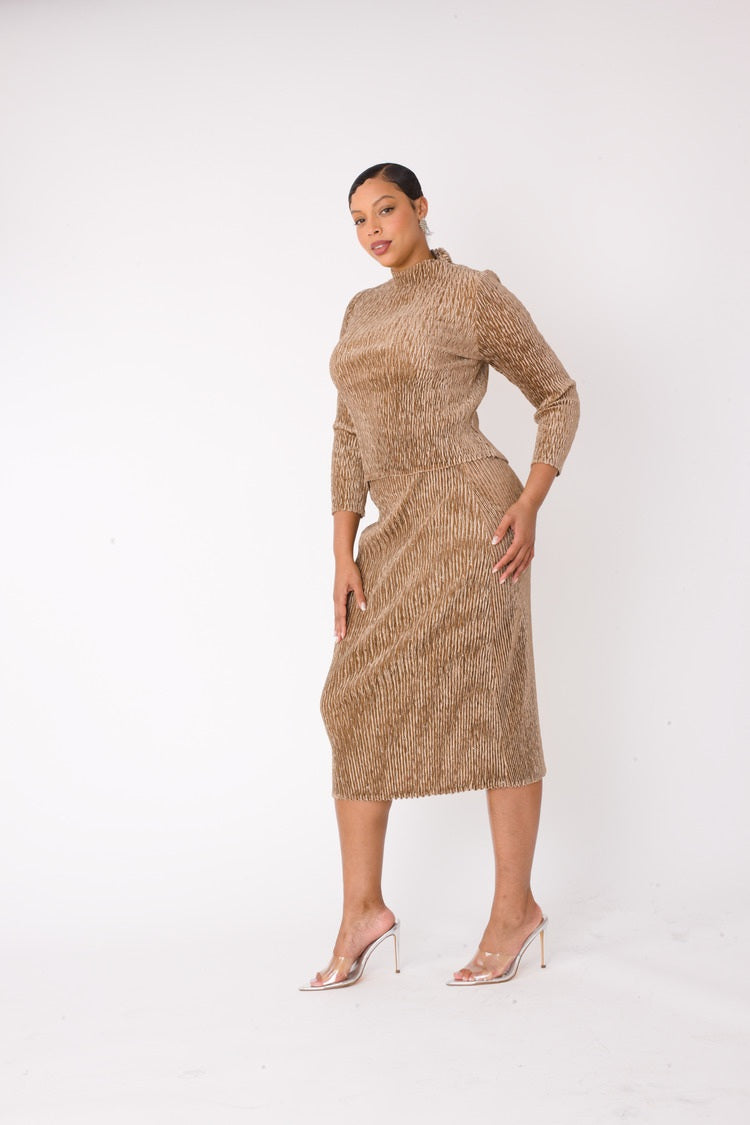 Khaki velvet midi skirt set showing side view with long sleeve mock neck top and fitted midi skirt, For Her NYC