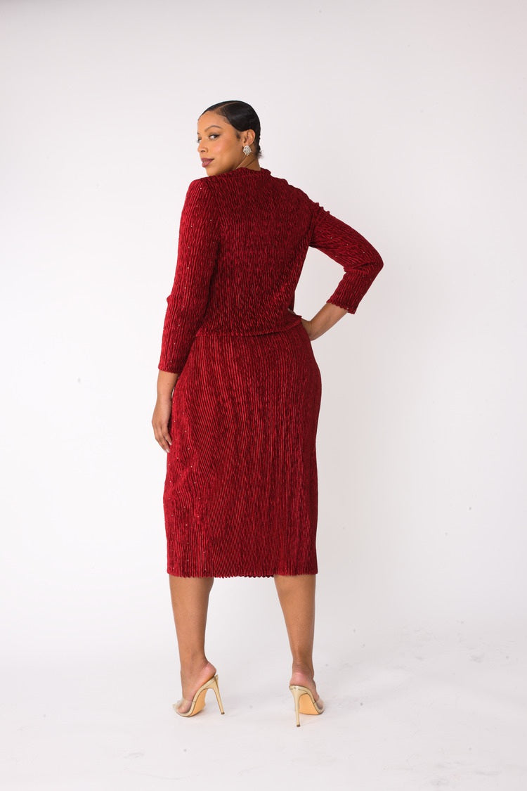 Red velvet midi skirt set showing back view of fitted skirt and long sleeve top, For Her NYC