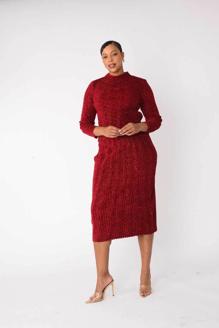 Red velvet midi skirt set with long sleeve mock neck top and fitted silhouette, alternate front pose, For Her NYC