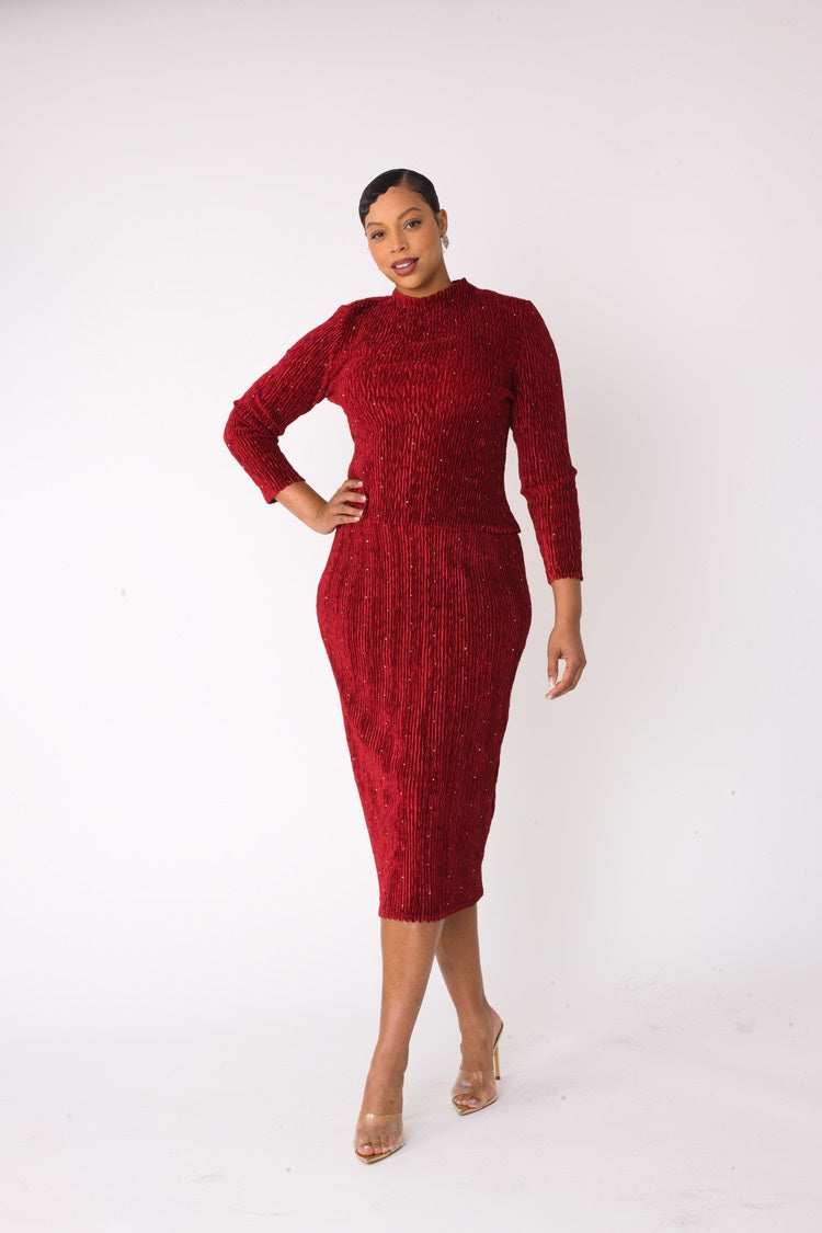 Red velvet midi skirt set showcasing rich color and midi length, alternate front pose, For Her NYC