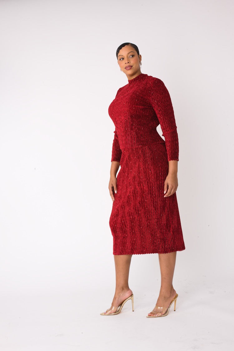Red velvet midi skirt set showing side view of fitted skirt and long sleeve top, For Her NYC