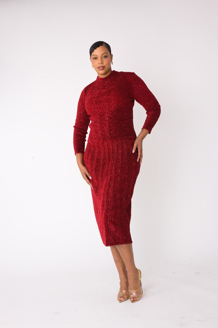 BURGUNDY velvet midi skirt set featuring a fitted silhouette and long sleeve mock neck top, front view, For Her NYC