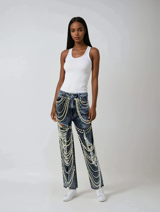 Embellished Wide Leg Denim Pants -82776