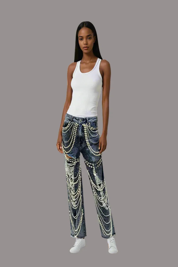 Embellished Wide Leg Denim Pants -82776