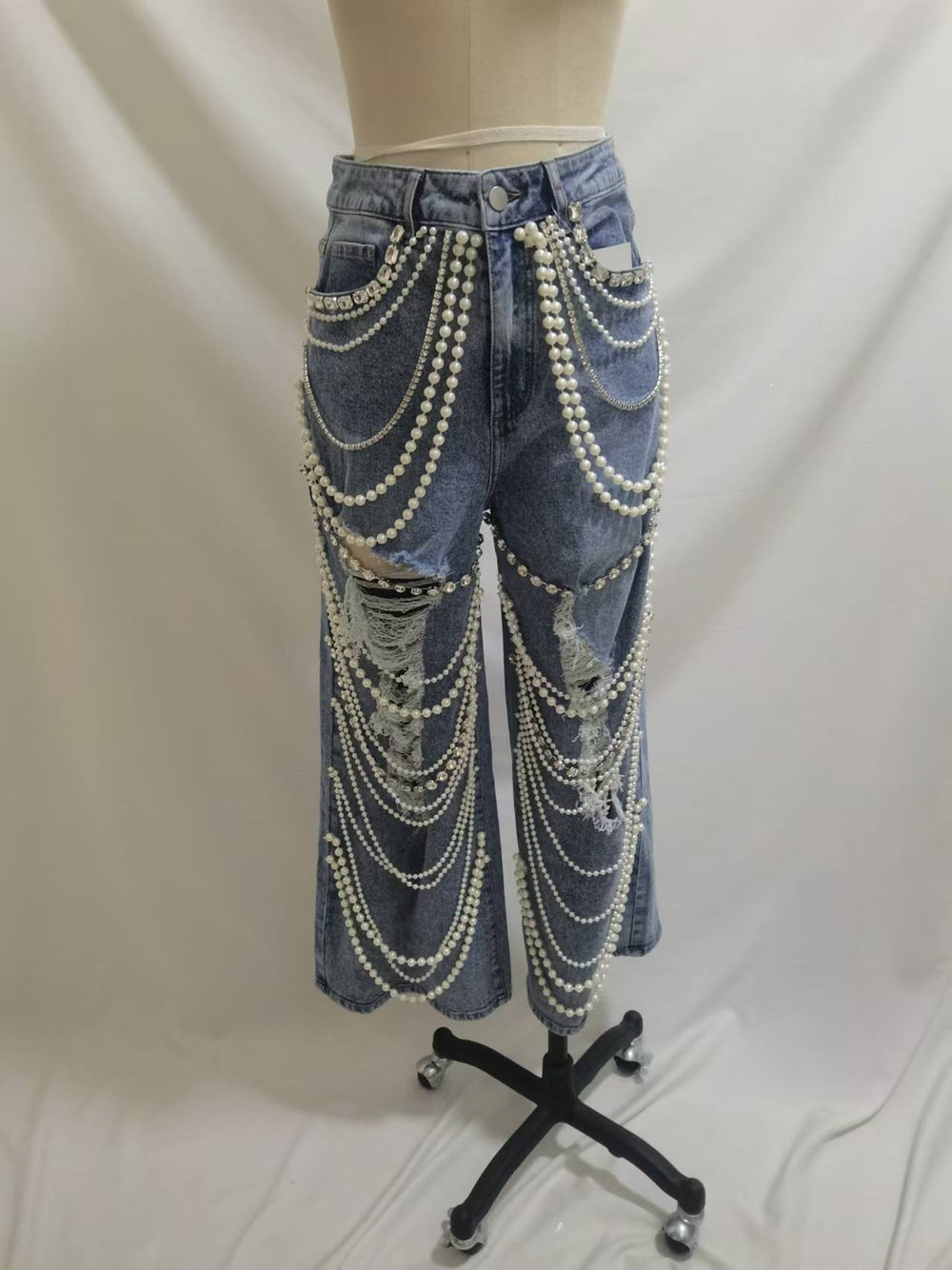 Embellished Wide Leg Denim Pants -82776