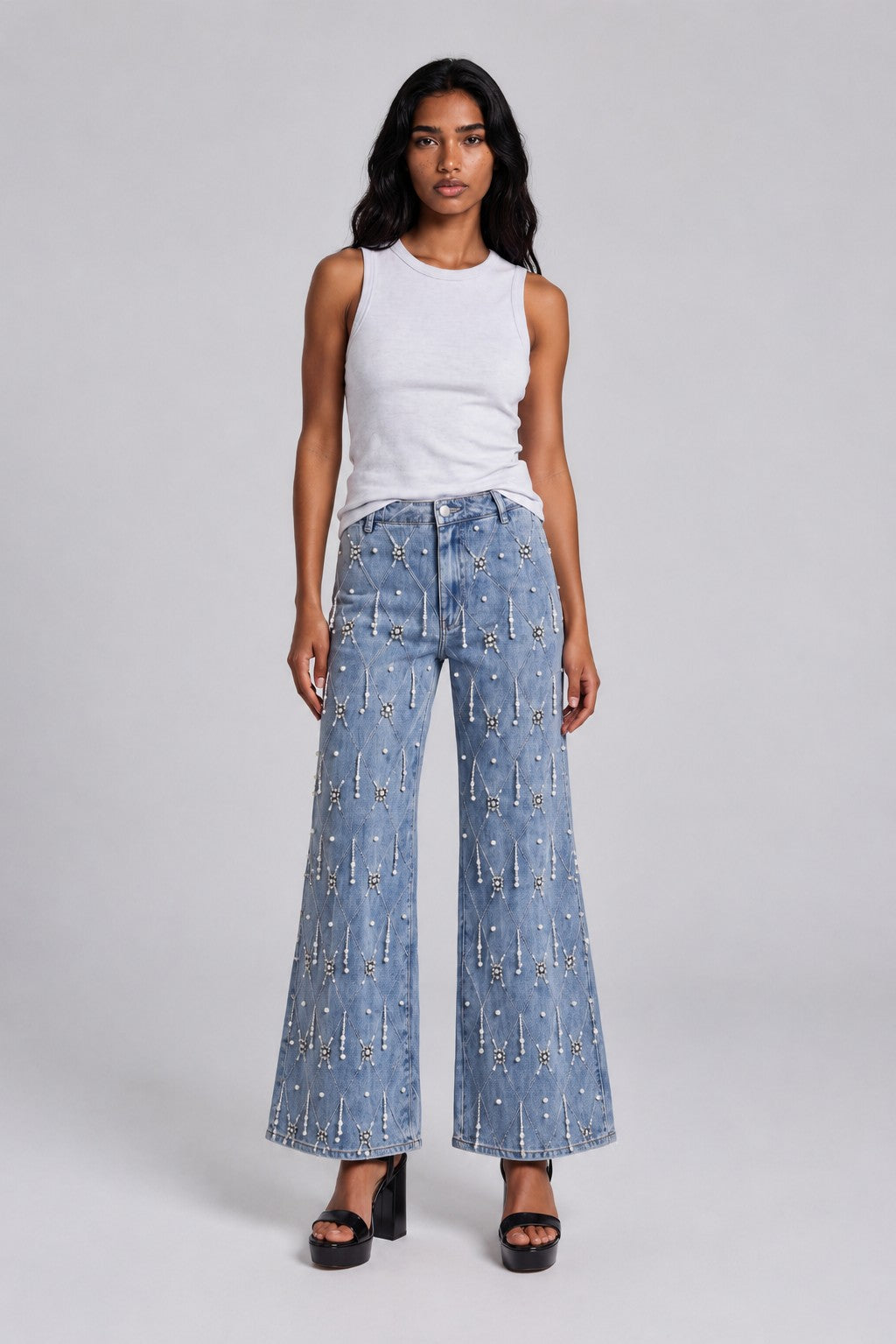 Pearl & Rhinestone Lattice Denim Jeans - 82852
