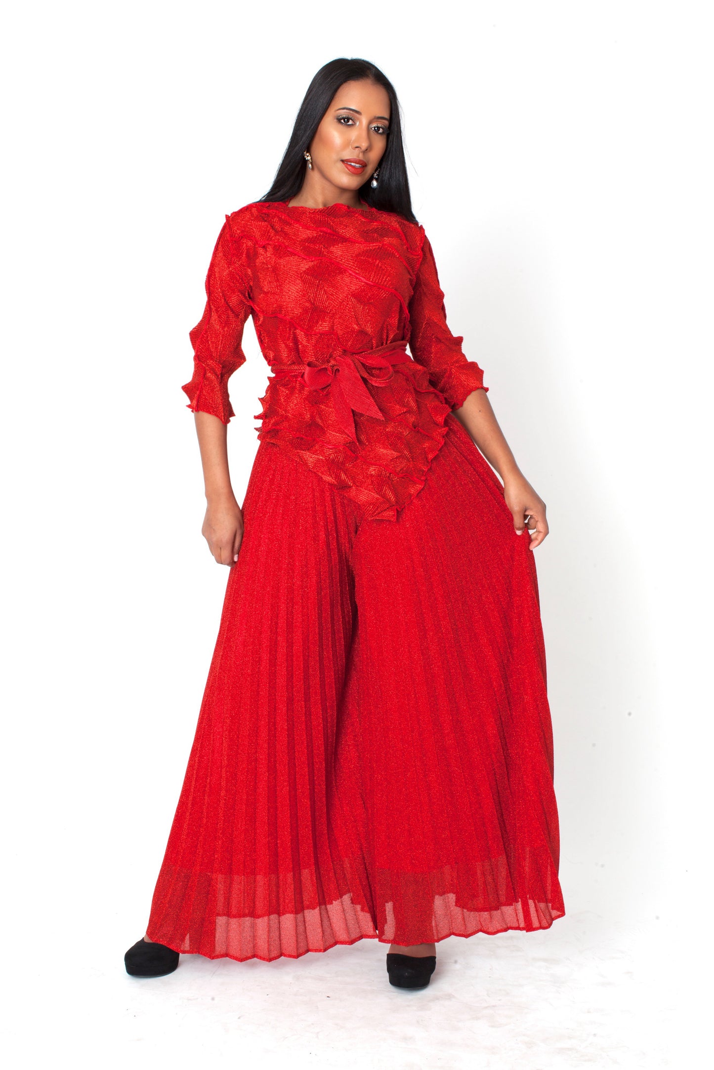Ruffled Pleated Pant Set with Waist Tie -82910