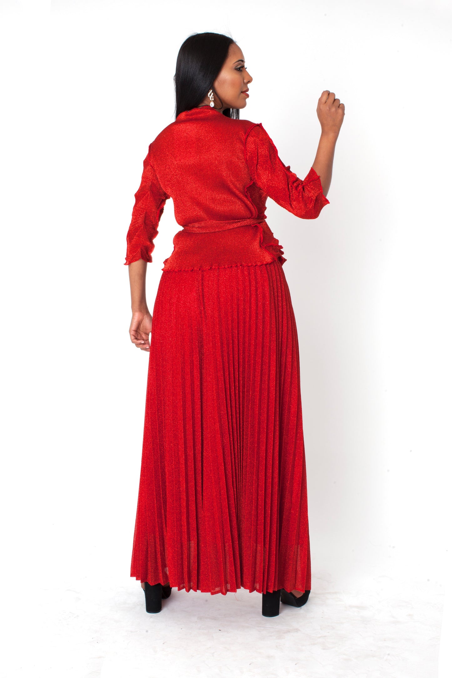 Ruffled Pleated Pant Set with Waist Tie -82910