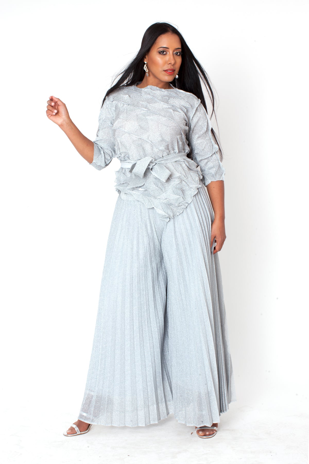 Ruffled Pleated Pant Set with Waist Tie -82910