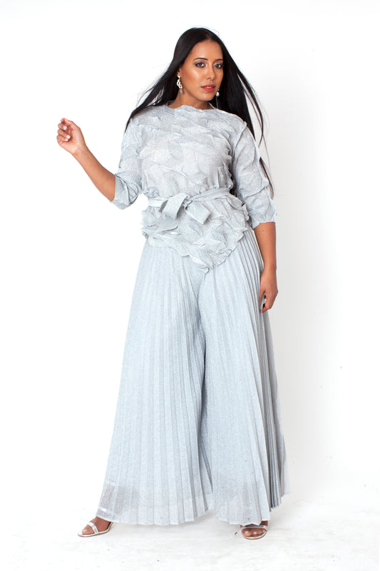 Ruffled Pleated Pant Set with Waist Tie -82910