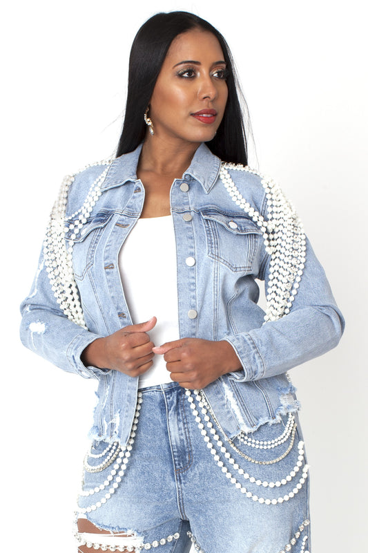 Distressed Pearl-Embellished Denim Jacket - 82925