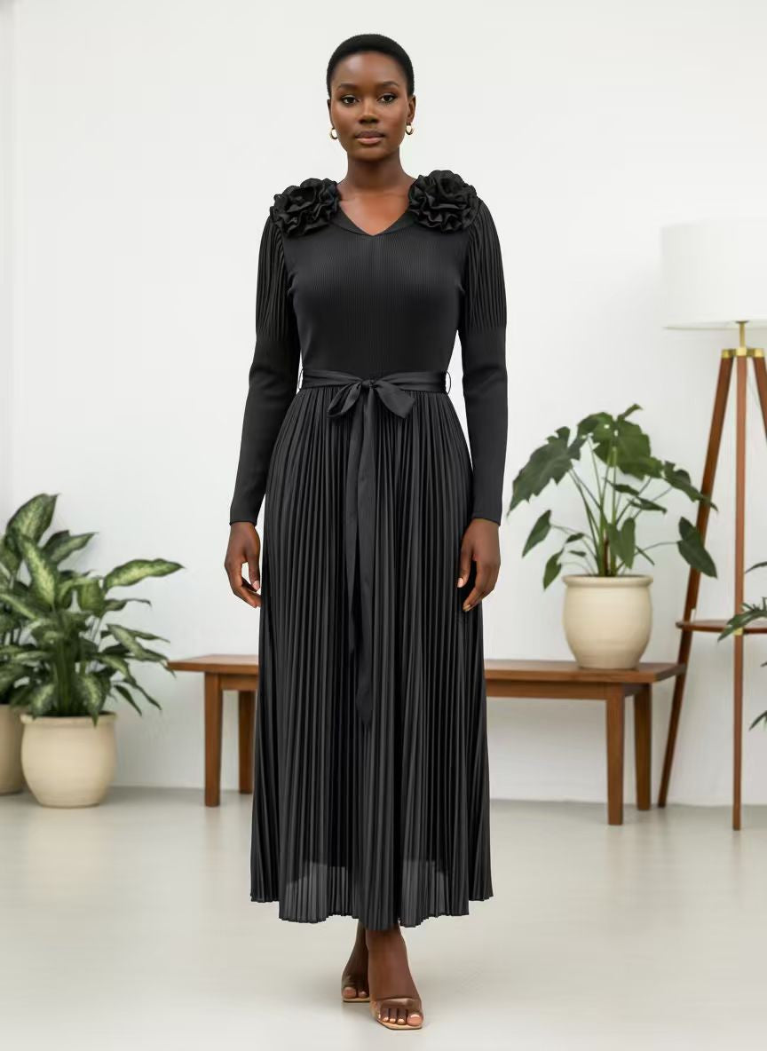 For Her NYC 83003 BLACK pleated midi dress with floral shoulder details, long sleeves, V-neckline, tie waist, and flowy skirt.