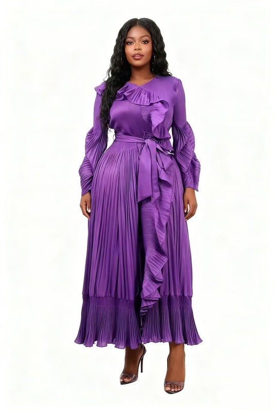 Forest Ruffle Pleated Midi Dress - 83014