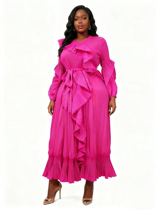 Forest Ruffle Pleated Midi Dress - 83014